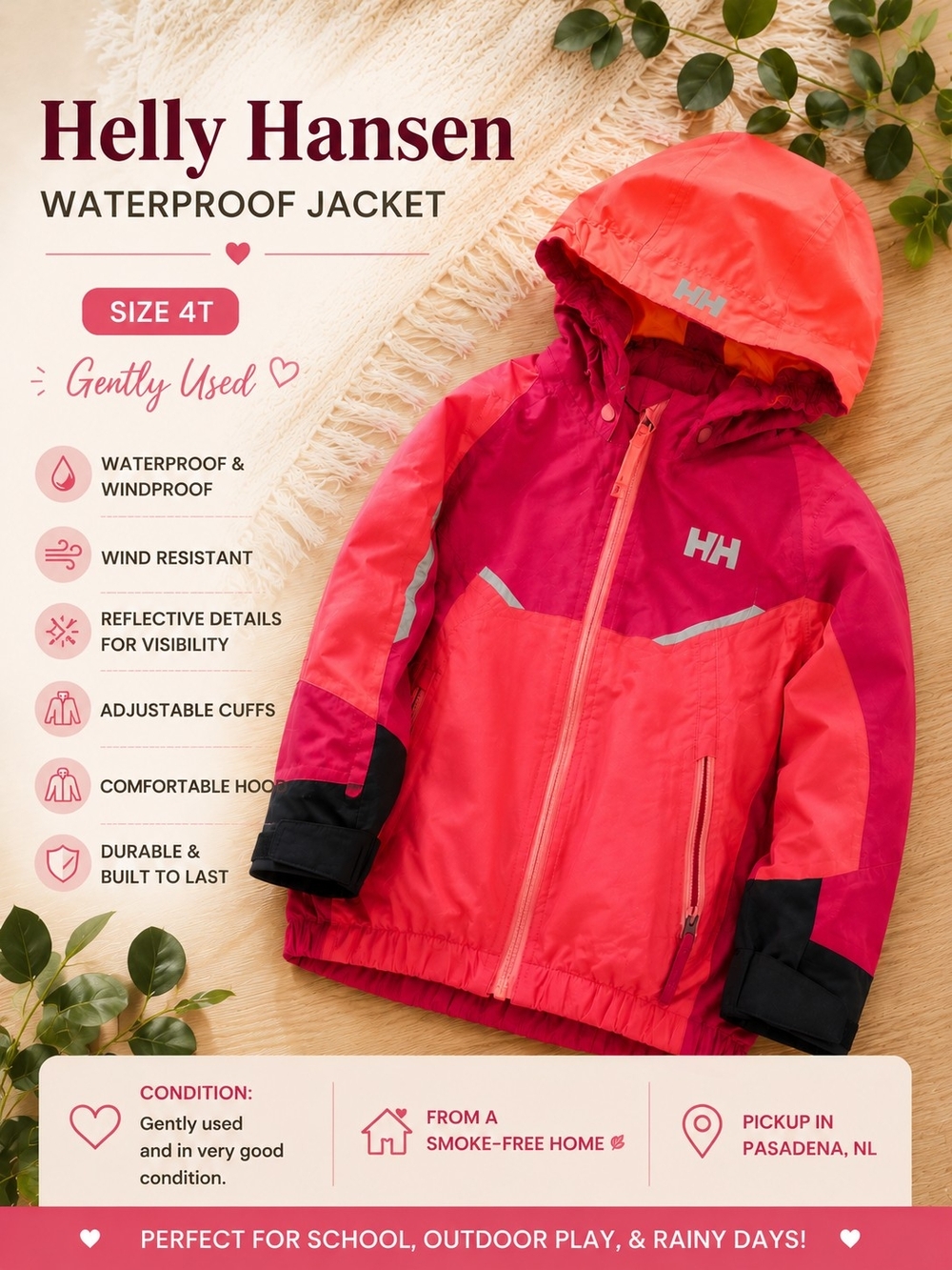 Helly Hansen Kids Hooded Waterproof Jacket in Coral & Fuchsia with Black Accents